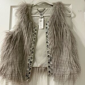 Cache Gray Faux Fur Vest with Embellishments